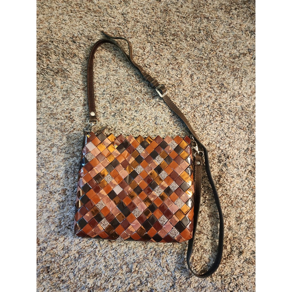 Vintage Y2K Nahui Ollin Woven Candy Wrapper Crossbody Bag Earth Tone Brown